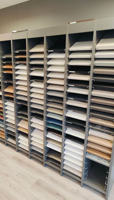 A close view of pale worktop and finish samples.