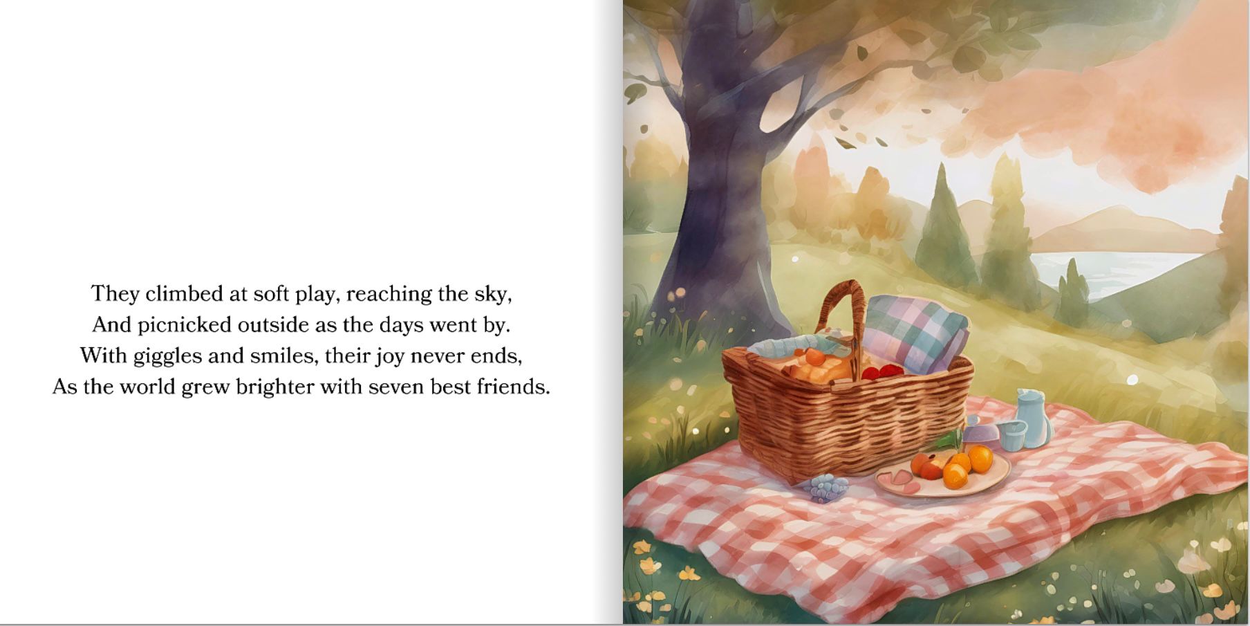 Illustrated storybook page showing outdoor play and picnic scenes