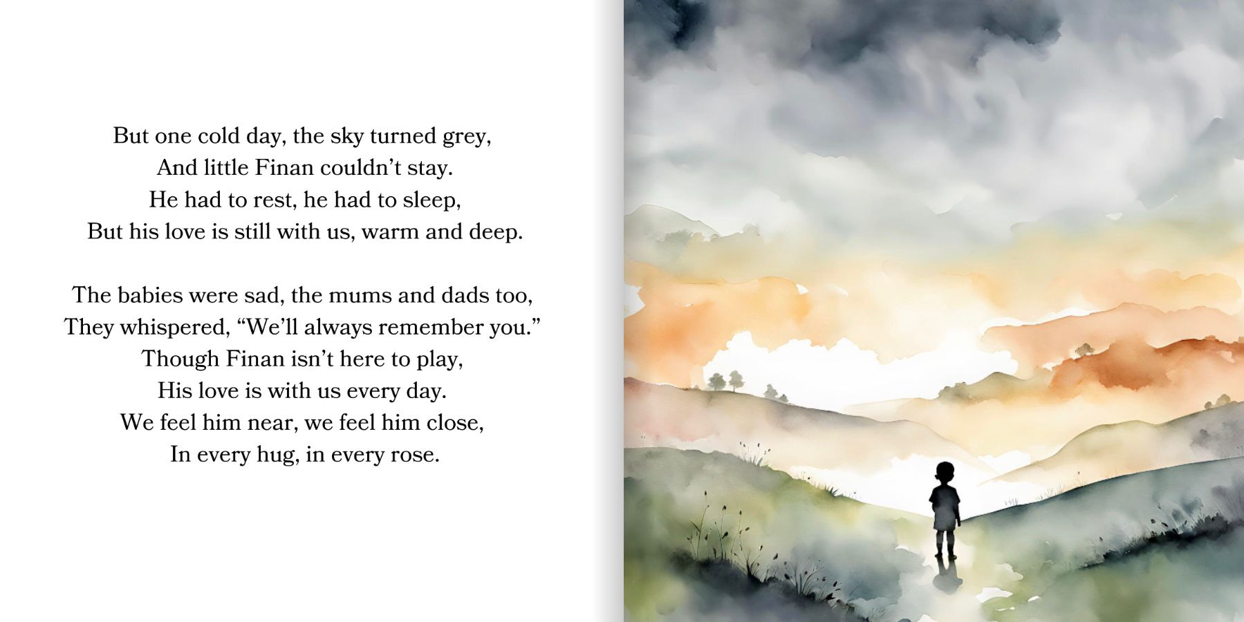 Illustrated storybook page describing Finan's passing and remembrance